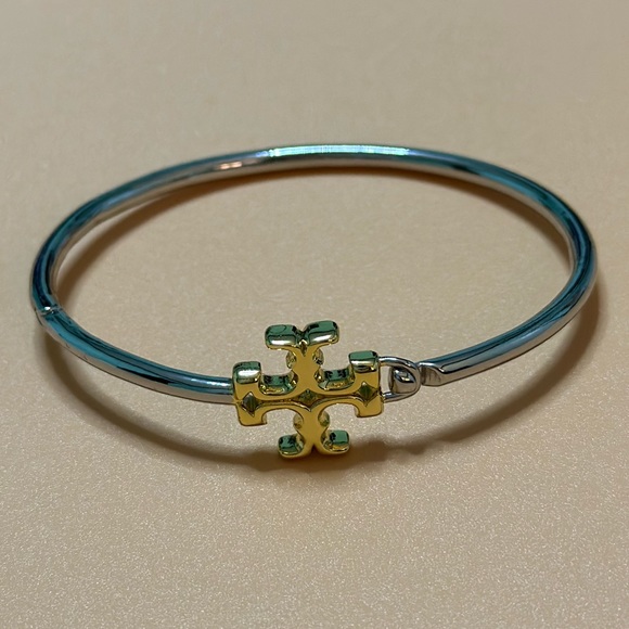 Tory Burch silver/ gold Eleanor Logo Hinged cuff bracelet - Picture 4 of 7